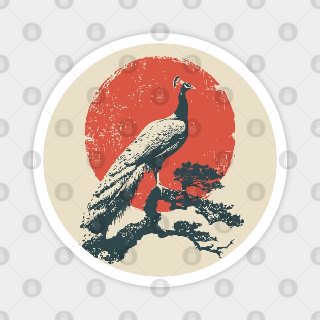 Japanese Peacock and Sun | Vintage Ukiyo-e Bird Magnet by TuncGK